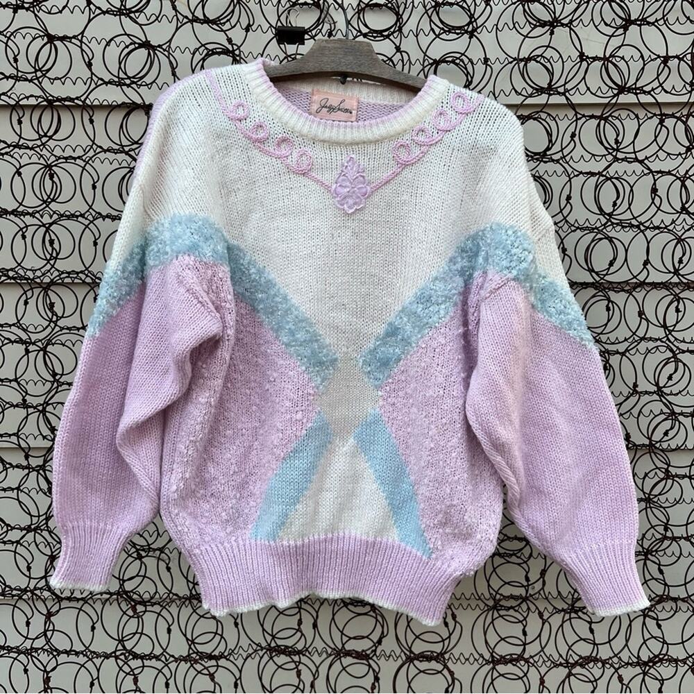 Vintage 90s Jacqueline Smith pastel chenille chunky knit diamond print sweater